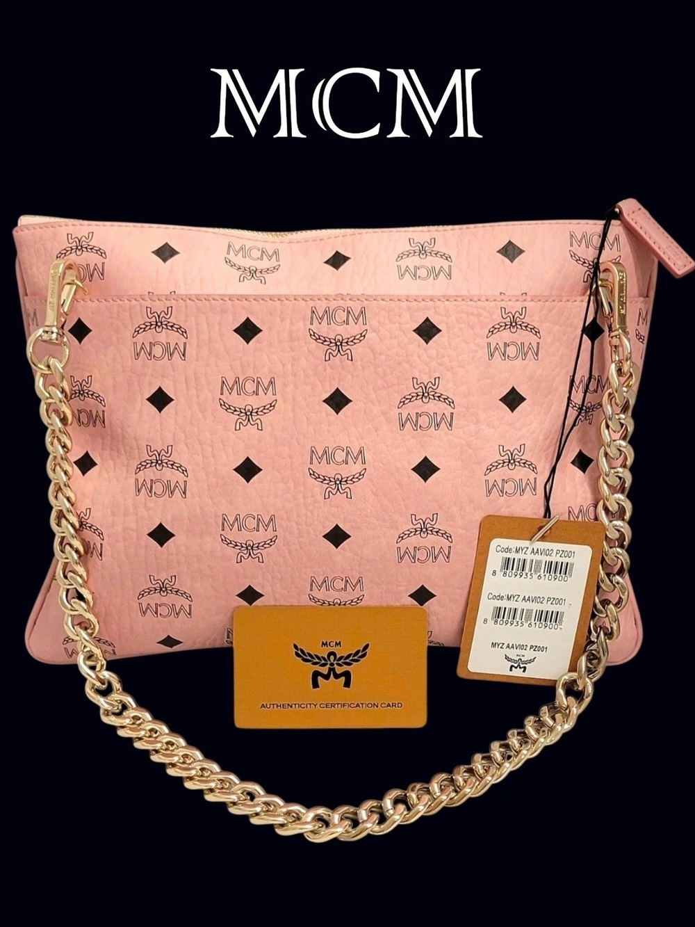 MCM Pink Logo Pouch Shoulder Bag w/ Polished Gold Chain & Certification Card NWT